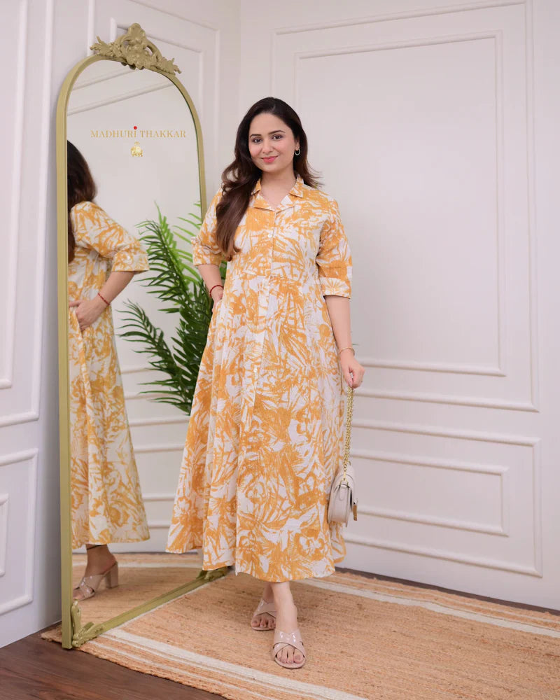 Mustard-Ivory Botanical Cotton A Line Dress
