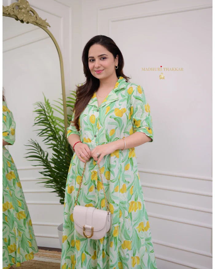 Green Yellow Tulip A Line Cotton Dress