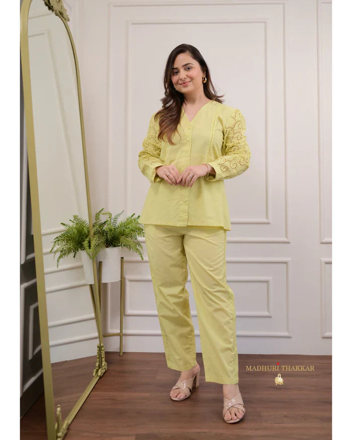 Lime Green Schiffli Cotton Co-ord